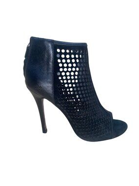 Rebecca Minkoff Women’s Black Leather Perforated Open-Toe High Heel Booties Size